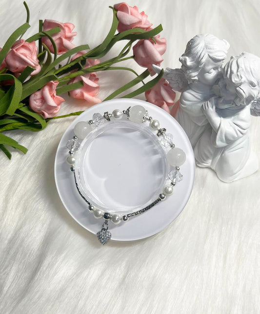 *Instock* Crystal Bracelet - White Jade, Clear Quartz, Pearl - Silver - Size 15