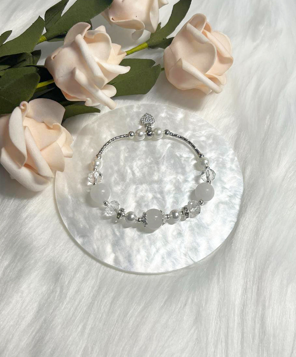 *Instock* Crystal Bracelet - White Jade, Clear Quartz, Pearl - Silver - Size 15