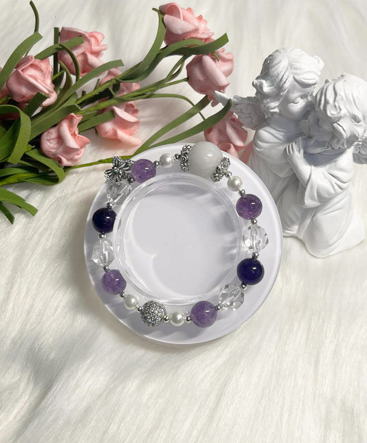 *Instock* Crystal Bracelet - White Jade, Clear Quartz, Amethyst, Pearl - Silver - Size 15