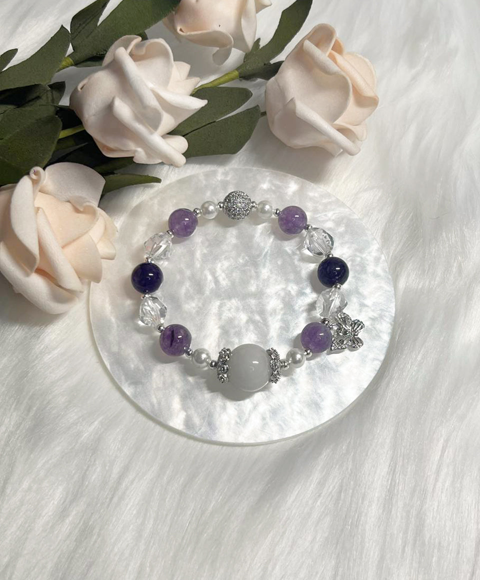 *Instock* Crystal Bracelet - White Jade, Clear Quartz, Amethyst, Pearl - Silver - Size 15