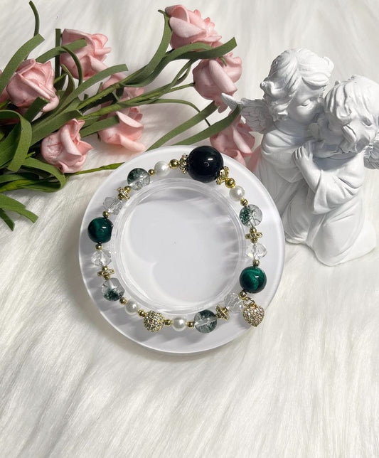 *Instock* Crystal Bracelet - Silver Sheen Obsidian, Green Phantom, Green Tiger's Eye, Clear Quartz, Pearl - Gold - Size 14.5