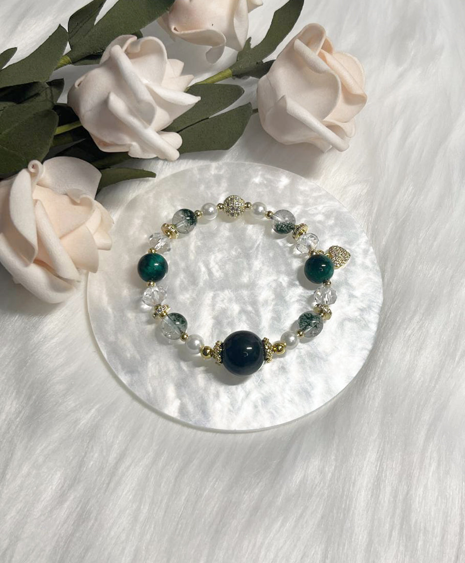 *Instock* Crystal Bracelet - Silver Sheen Obsidian, Green Phantom, Green Tiger's Eye, Clear Quartz, Pearl - Gold - Size 14.5