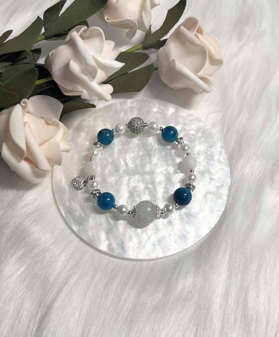 *Instock* Crystal Bracelet - Grey Moonstone, Blue Apatite, Moonstone, Pearl - Silver - Size 14.5