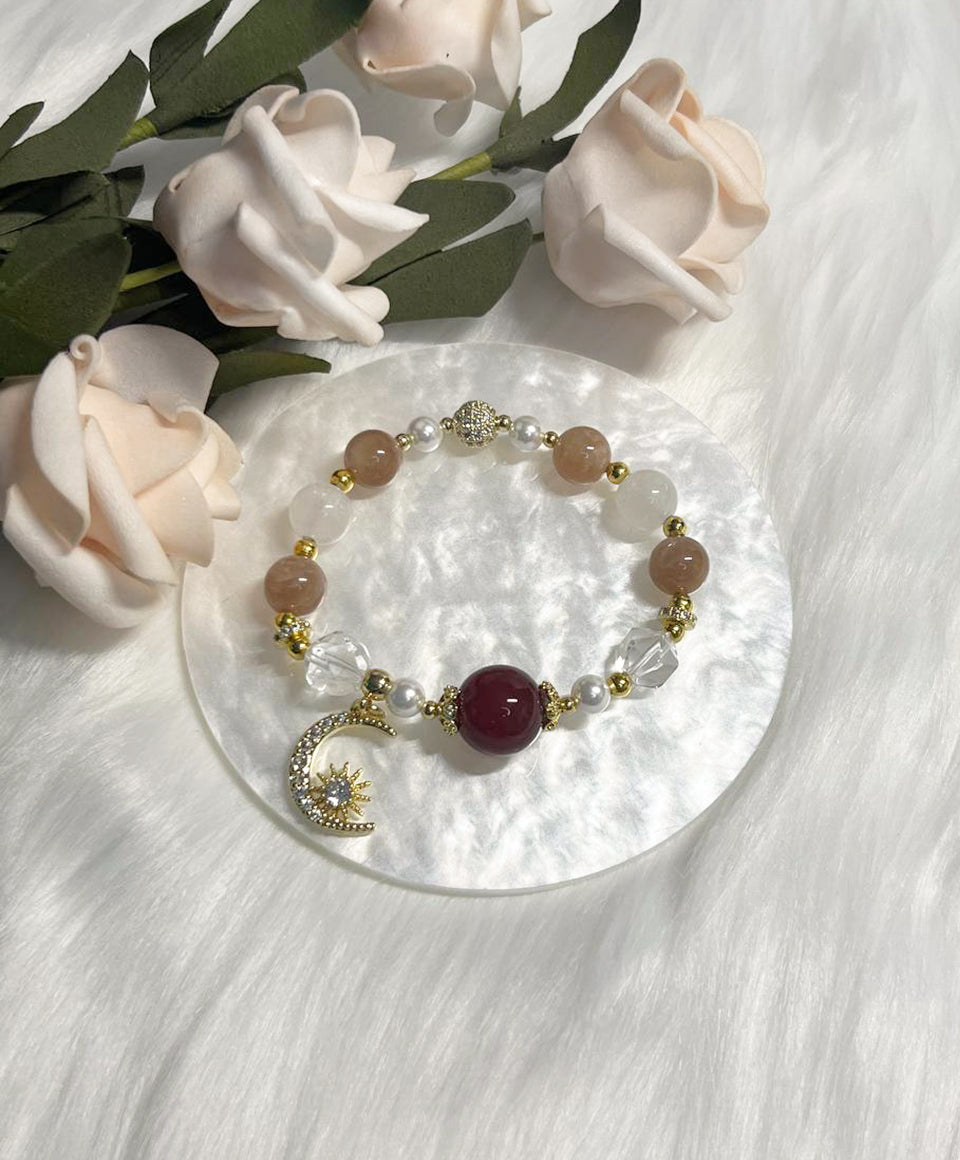 *Instock* Crystal Bracelet - Carnelian, Clear Quartz, Peach Moonstone, Pearl - Gold - Size 15