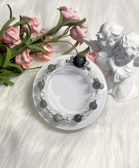 *Instock* Crystal Bracelet - Silver Sheen Obsidian, Rainbow Moonstone, Grey Labradorite, Pearl - Silver - Size 14.5