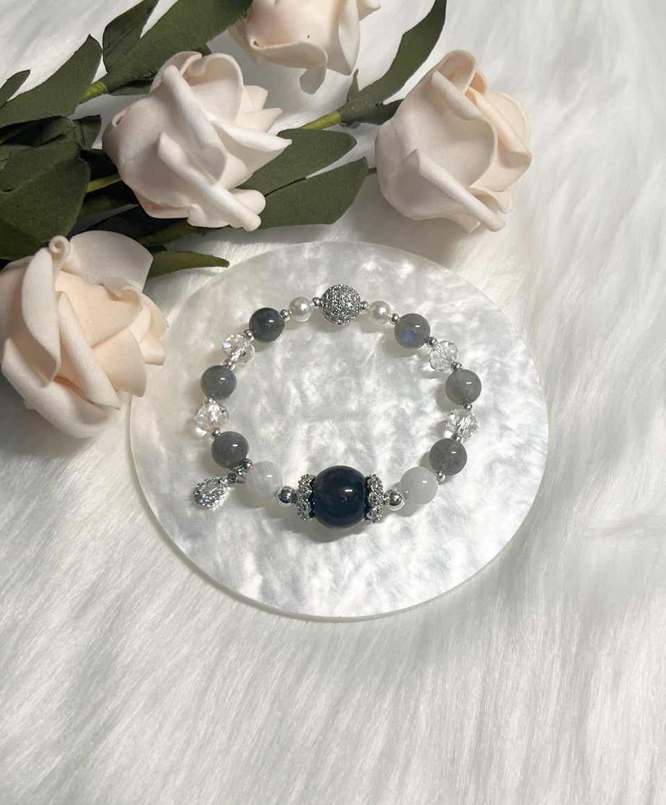 *Instock* Crystal Bracelet - Silver Sheen Obsidian, Rainbow Moonstone, Grey Labradorite, Pearl - Silver - Size 14.5