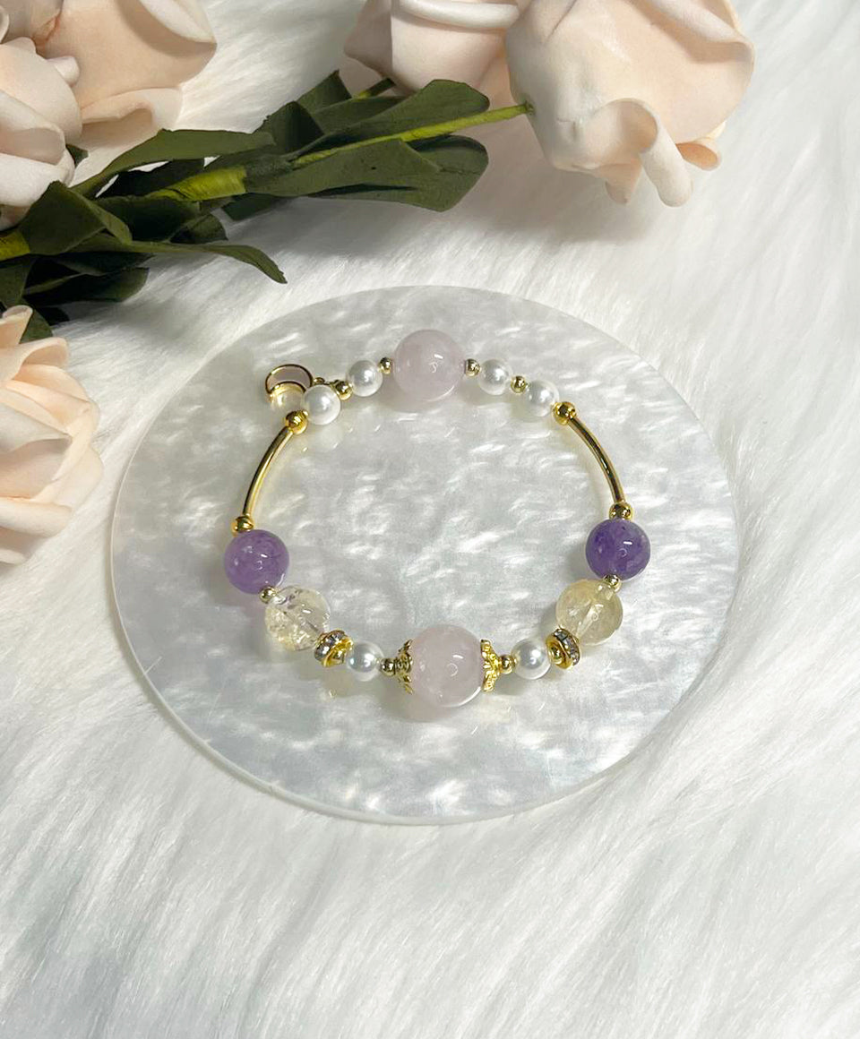 *Instock* Crystal Bracelet - Rose Quartz, Citrine, Amethyst, Pearl - Gold - Size 15cm