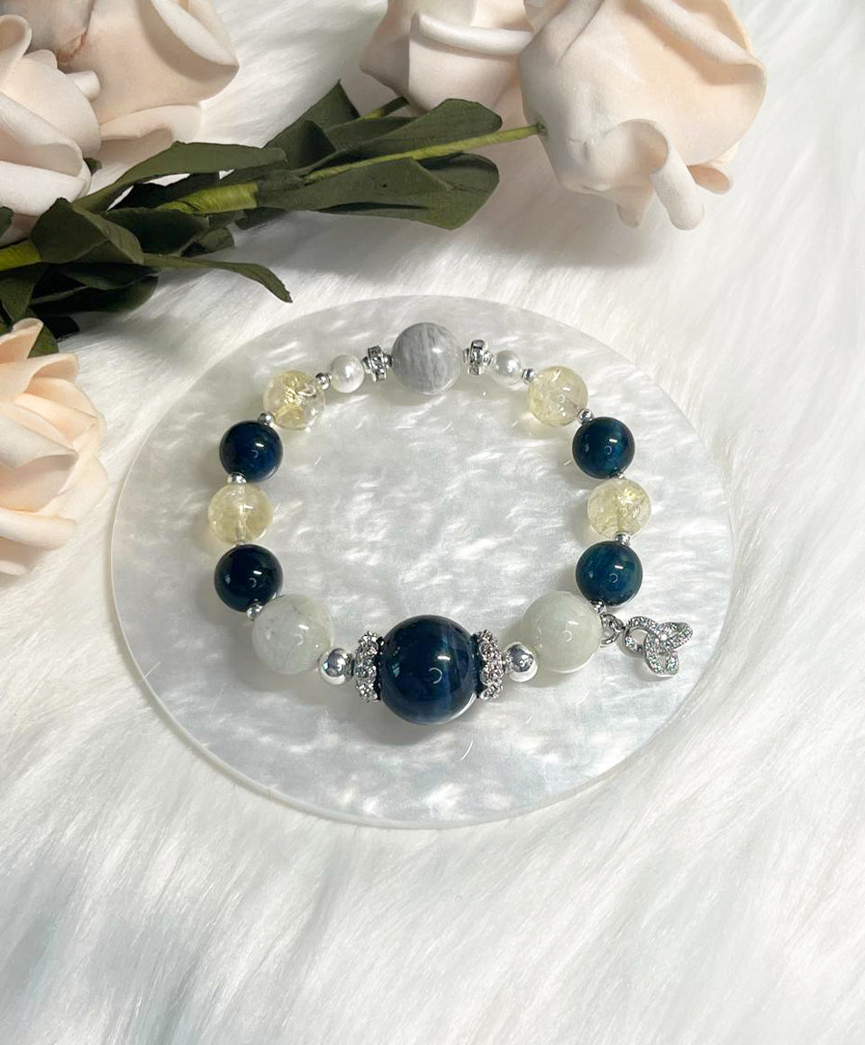 *Instock* Crystal Bracelet - Blue Tiger's eye, Rainbow Moonstone, Citrine, Pearl - Silver - Size 15.5cm