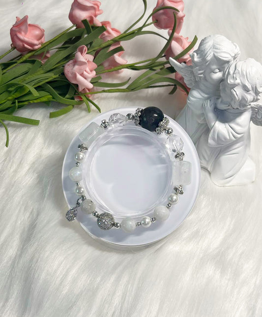 *Instock* Crystal Bracelet - Silver Sheen Obsidian, Clear Quartz, Rainbow Moonstone, Pearl - Silver - Size 15cm