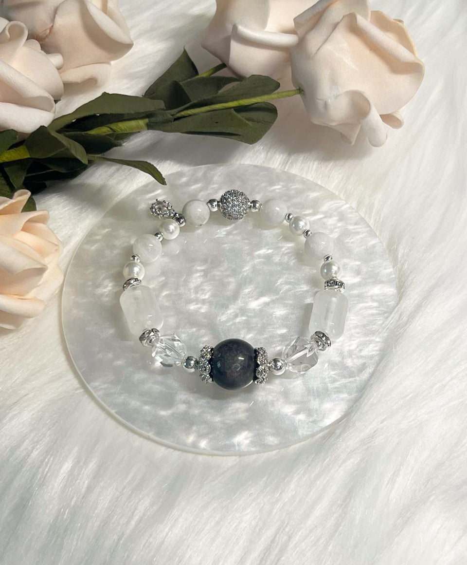 *Instock* Crystal Bracelet - Silver Sheen Obsidian, Clear Quartz, Rainbow Moonstone, Pearl - Silver - Size 15cm