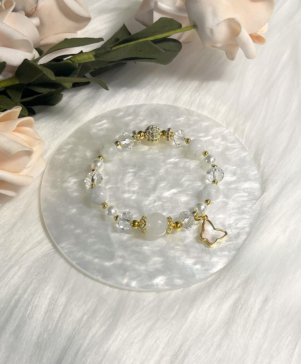 *Instock* Crystal Bracelet - White Jade, Clear Quartz, Rainbow Moonstone, Pearl - Gold - Size 14cm