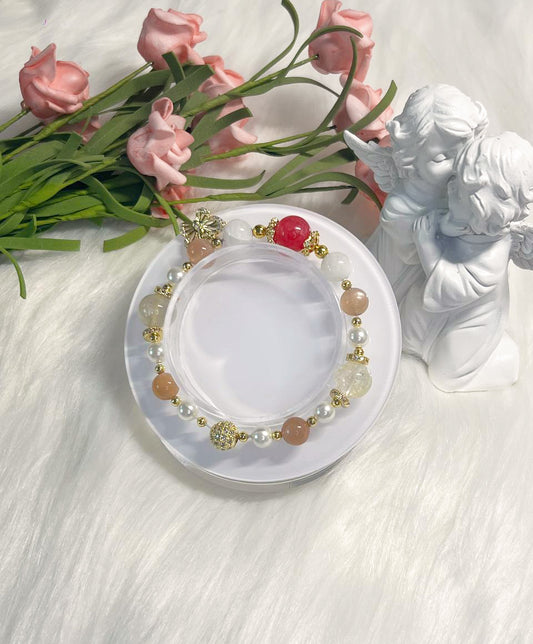 *Instock* Crystal Bracelet - Rhodonite, Rainbow Moonstone, Peach Moonstone, Citrine, Pearl - Gold - Size 14cm