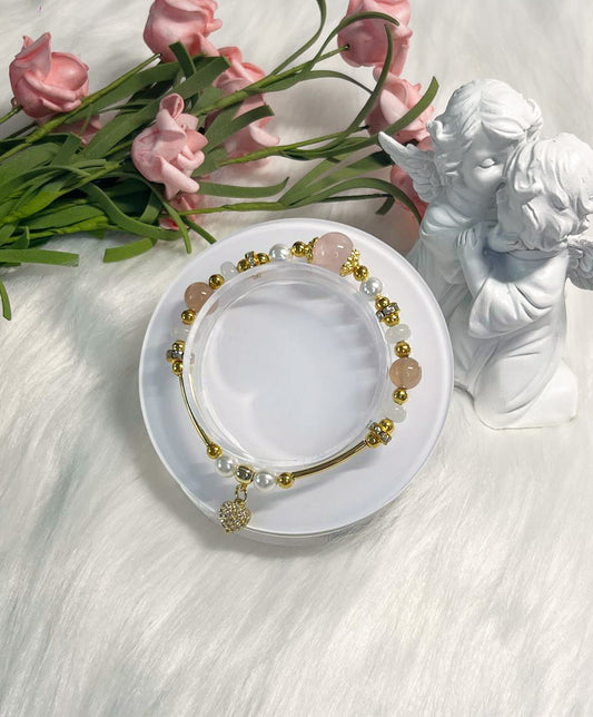 *Instock* Crystal Bracelet - Rose Quartz, White Jade, Peach Moonstone, Pearl - Gold - Size 14.5cm
