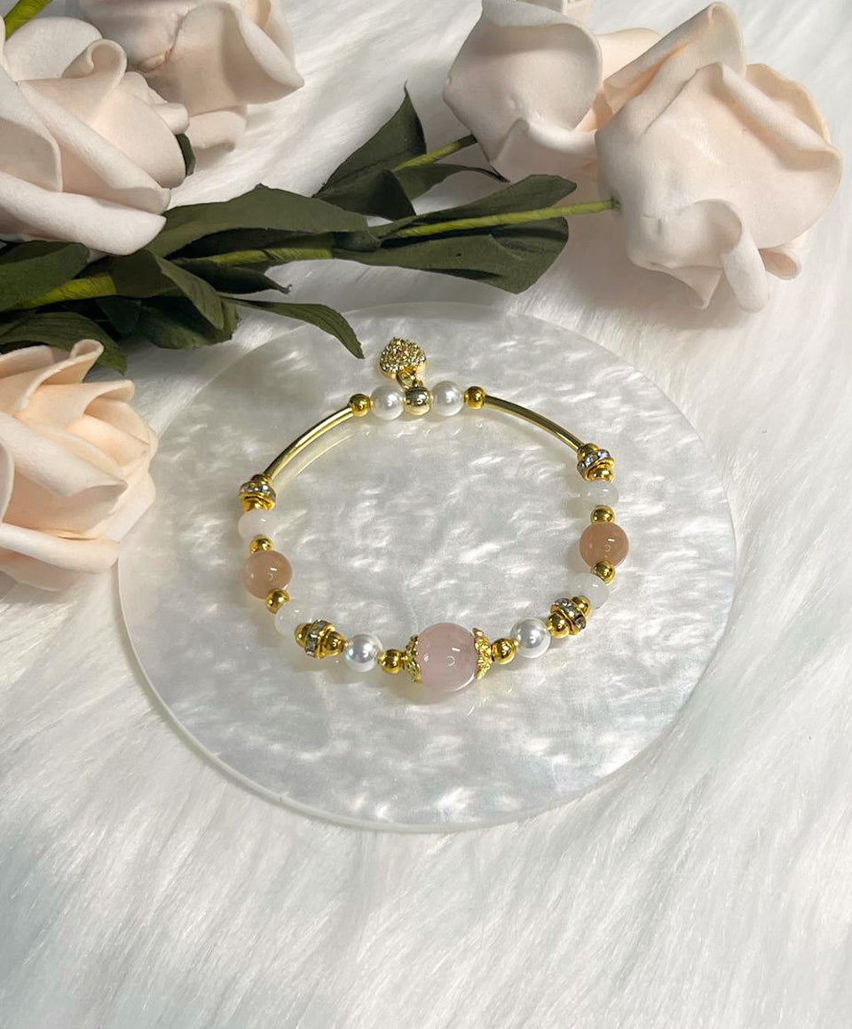 *Instock* Crystal Bracelet - Rose Quartz, White Jade, Peach Moonstone, Pearl - Gold - Size 14.5cm