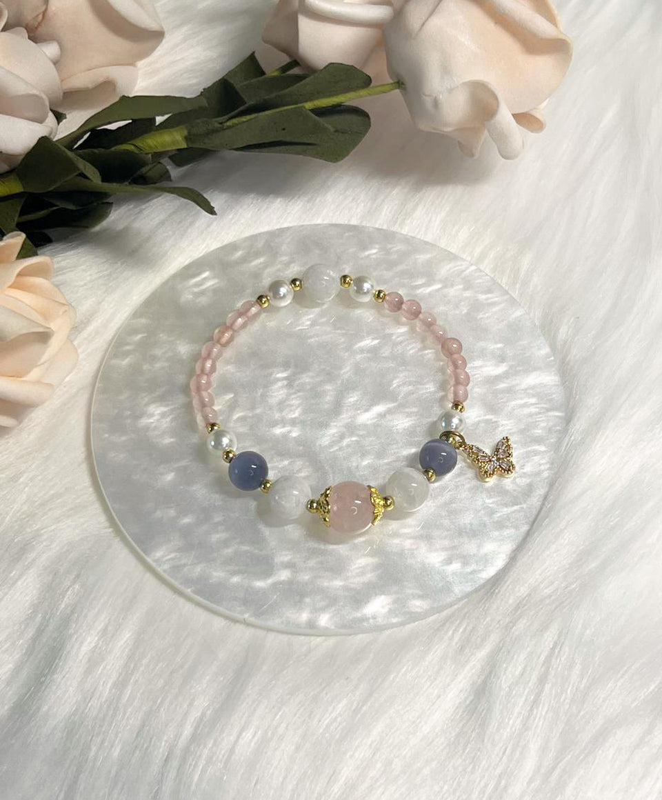 *Instock* Crystal Bracelet - Rose Quartz, Purple Cat Eye, Rainbow Moonstone, Pearl - Gold - Size 14.5cm