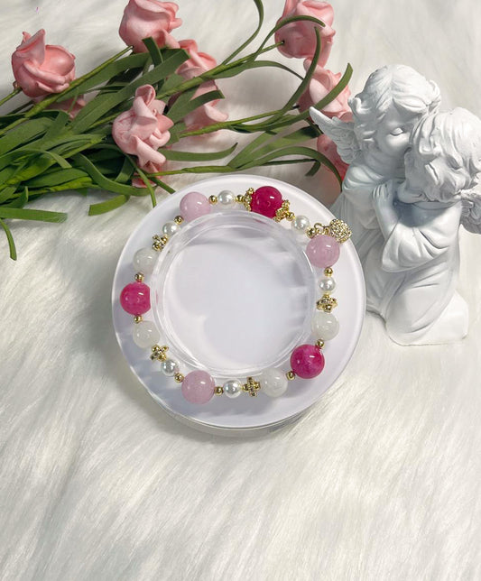 *Instock* Crystal Bracelet - Rhodonite, Kunzite, Rainbow Moonstone, Pearl - Gold - Size 15