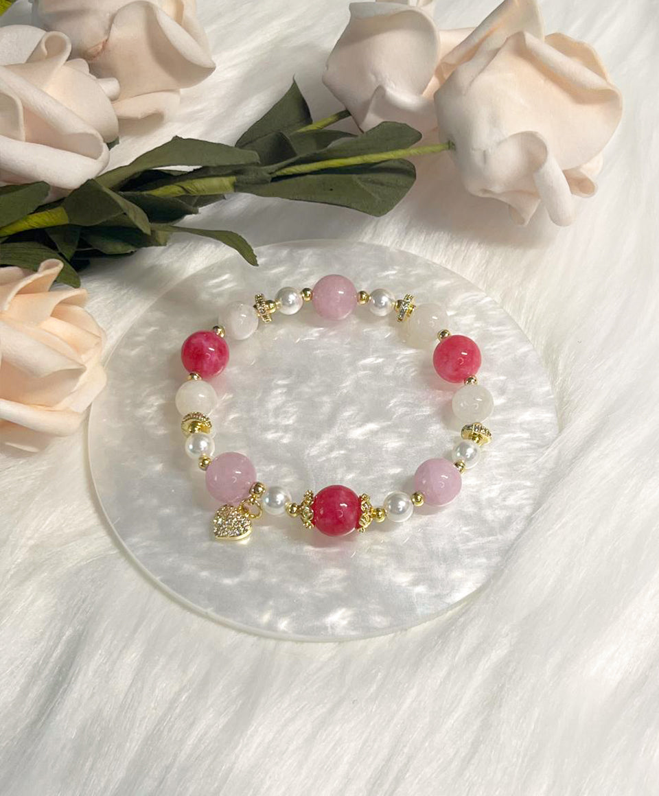 *Instock* Crystal Bracelet - Rhodonite, Kunzite, Rainbow Moonstone, Pearl - Gold - Size 15