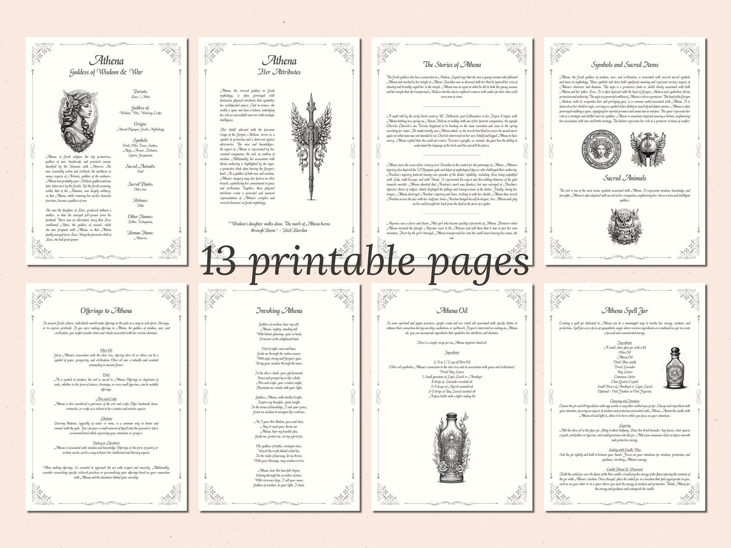 Athena - Grimoire Pages - Goddess of Wisdom and War - Protection Spells - Book Of Shadows - Printable - Digital Book of Shadows - Witchcraft