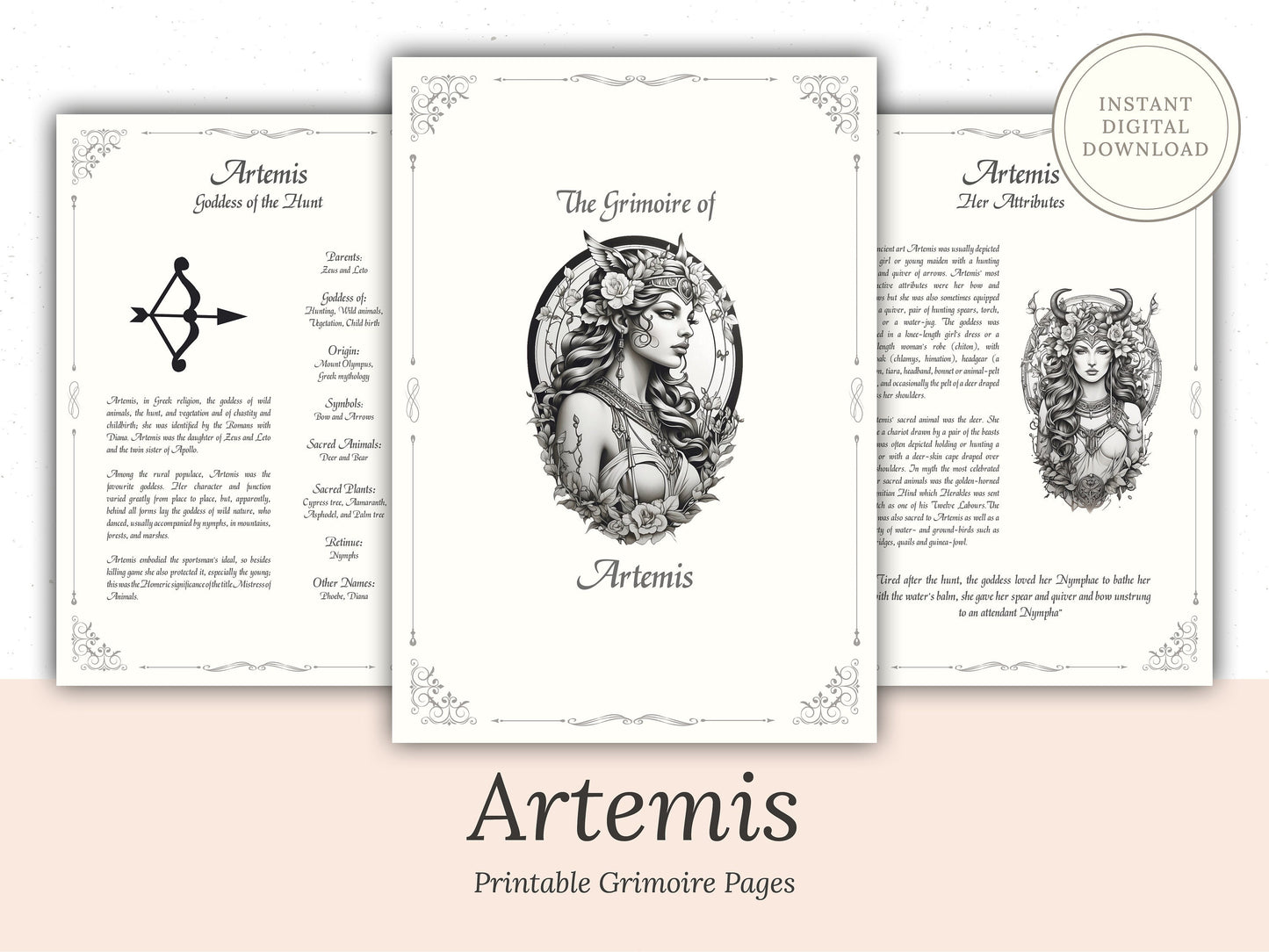 Artemis - Grimoire Pages, Goddess of the Hunt, Protection Spell, Book Of Shadows, Printable, Digital Witch Journal, Greek Goddess, Altar