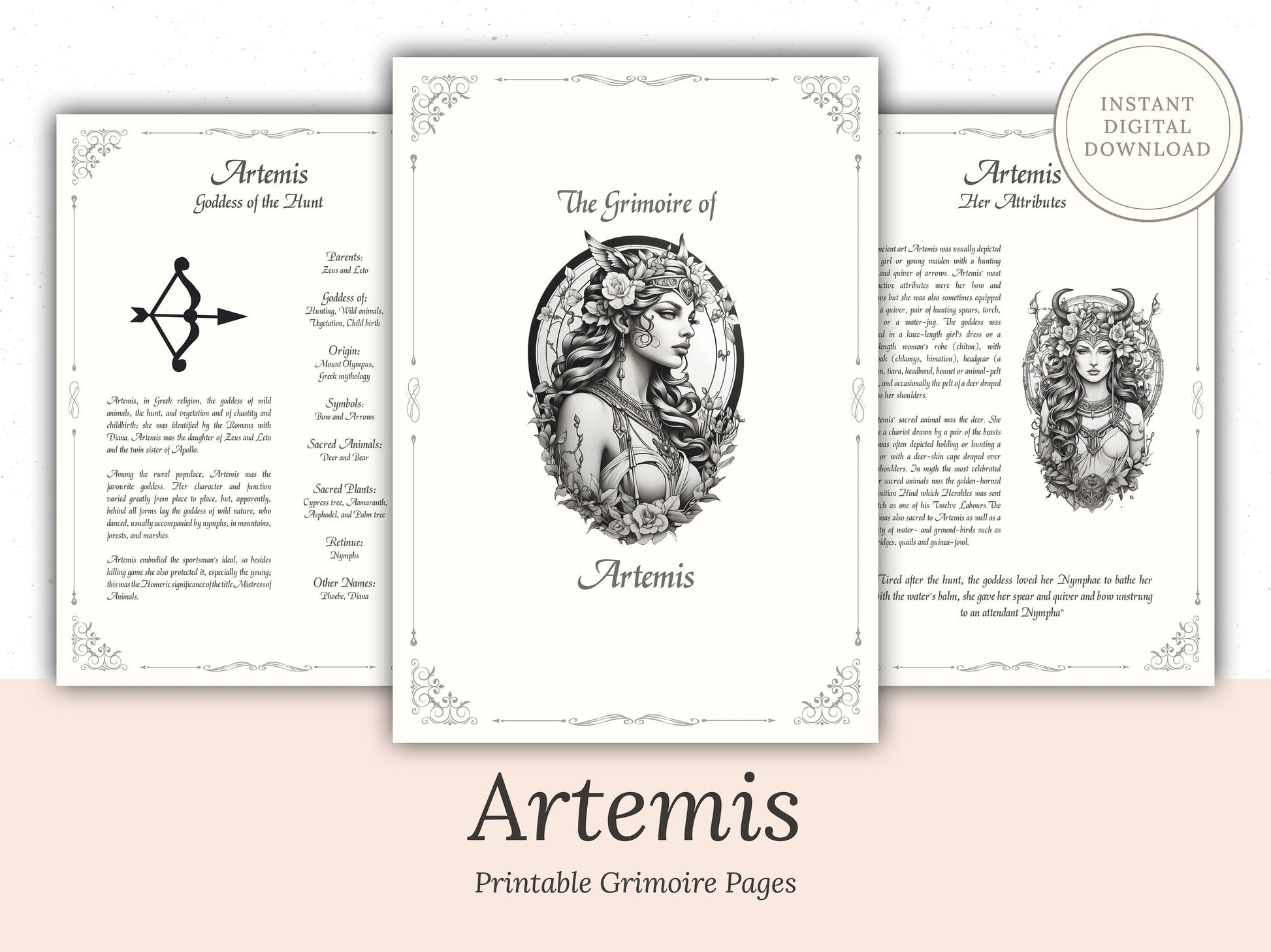 Artemis - Grimoire Pages, Goddess of the Hunt, Protection Spell, Book Of Shadows, Printable, Digital Witch Journal, Greek Goddess, Altar