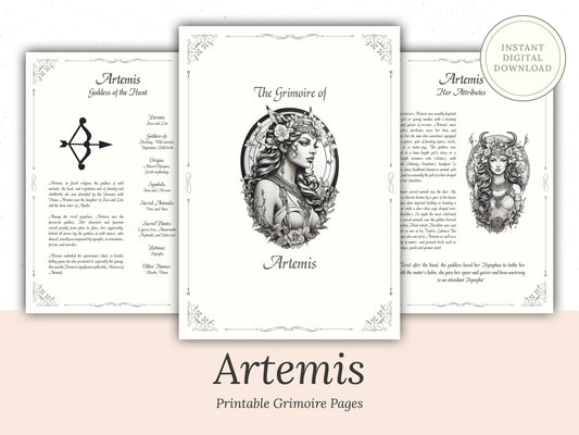 Artemis - Grimoire Pages, Goddess of the Hunt, Protection Spell, Book Of Shadows, Printable, Digital Witch Journal, Greek Goddess, Altar