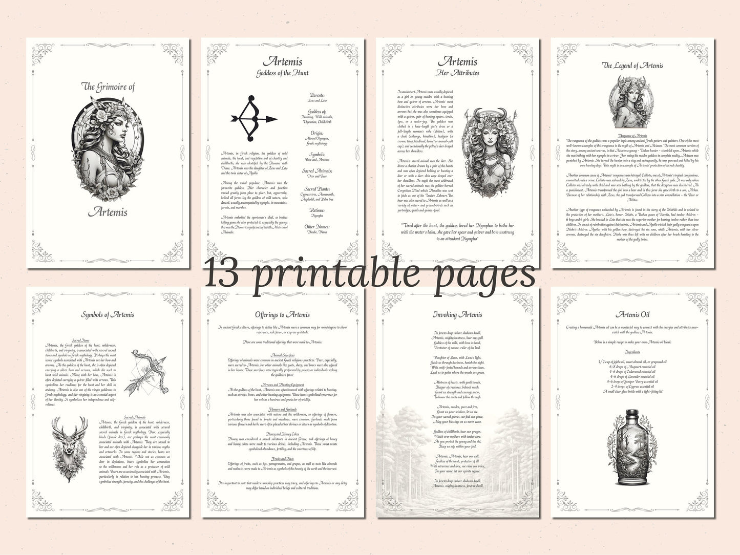 Artemis - Grimoire Pages, Goddess of the Hunt, Protection Spell, Book Of Shadows, Printable, Digital Witch Journal, Greek Goddess, Altar