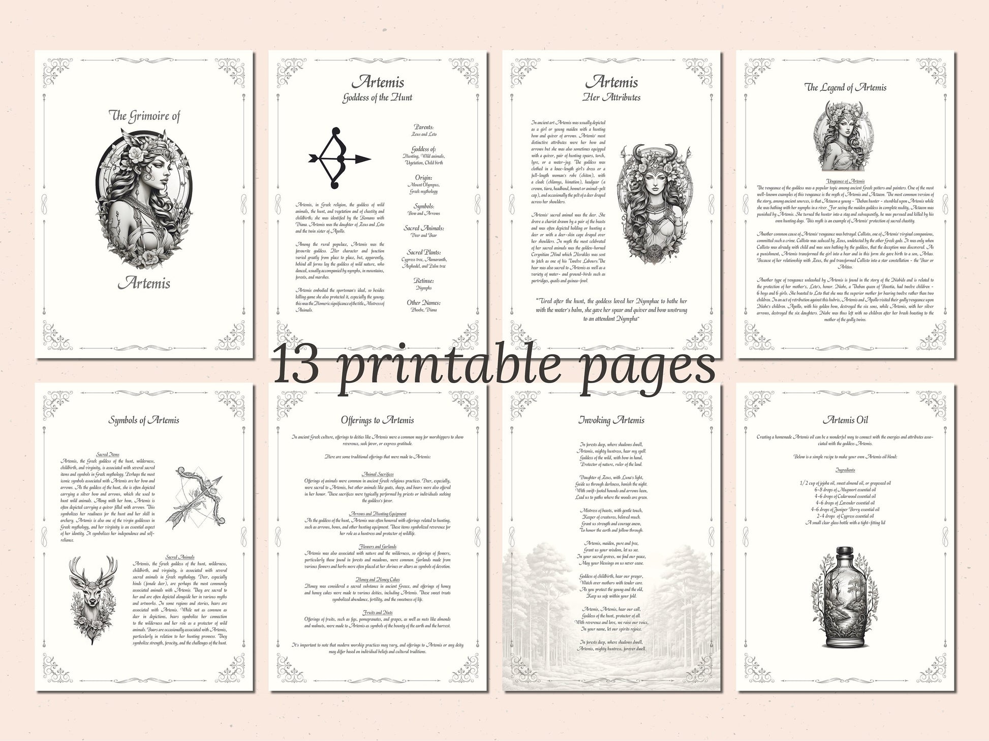 Artemis - Grimoire Pages, Goddess of the Hunt, Protection Spell, Book Of Shadows, Printable, Digital Witch Journal, Greek Goddess, Altar
