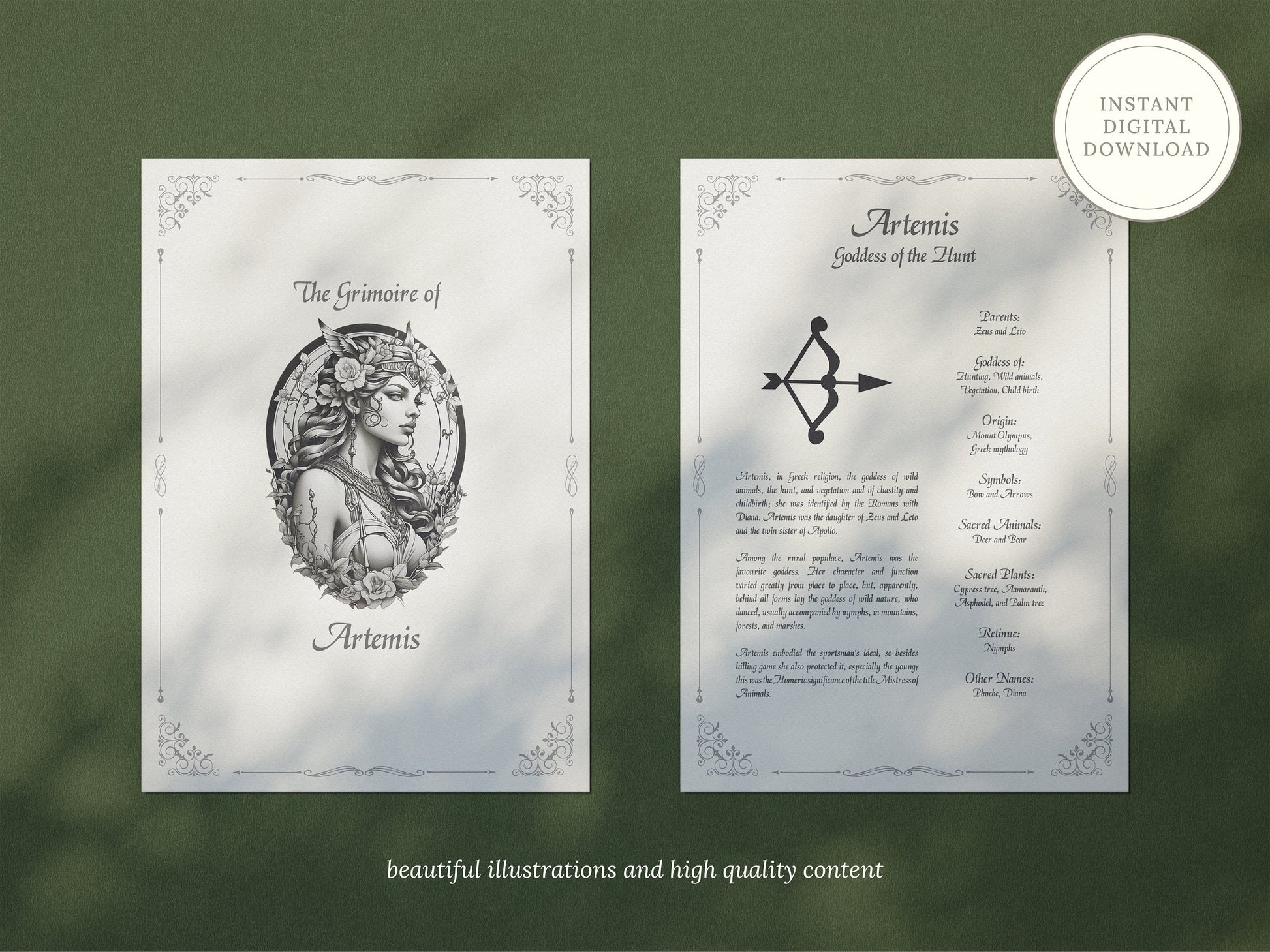 Artemis - Grimoire Pages, Goddess of the Hunt, Protection Spell, Book Of Shadows, Printable, Digital Witch Journal, Greek Goddess, Altar