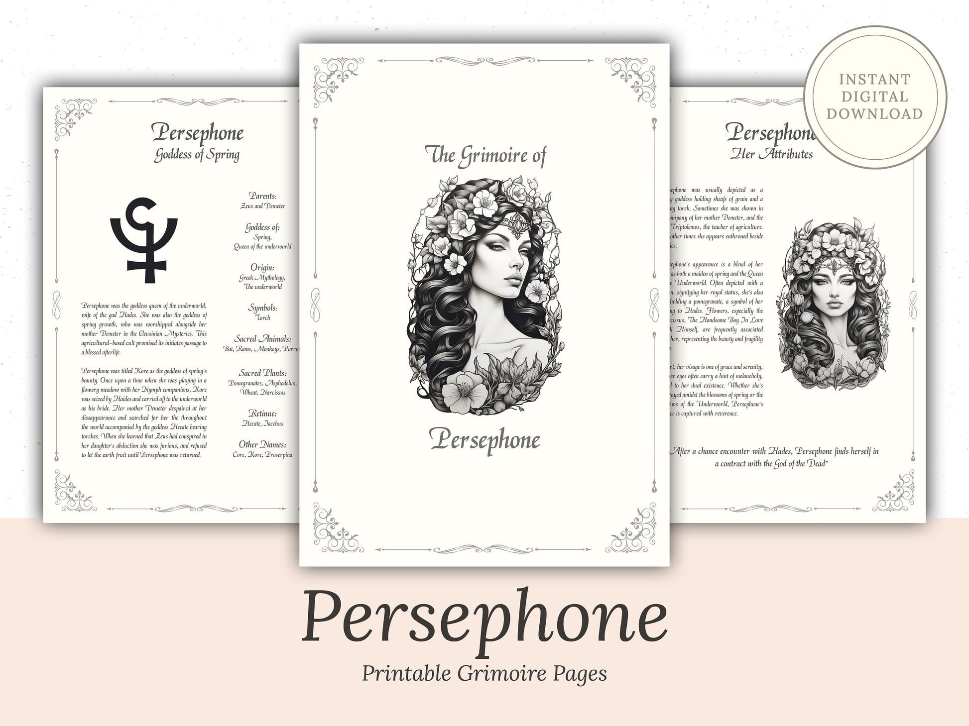 Persephone - Grimoire Pages, Goddess of Spring, Spring Spells, Book Of Shadows, Printable, Witch Journal, Greek Goddess, Queen of Underworld