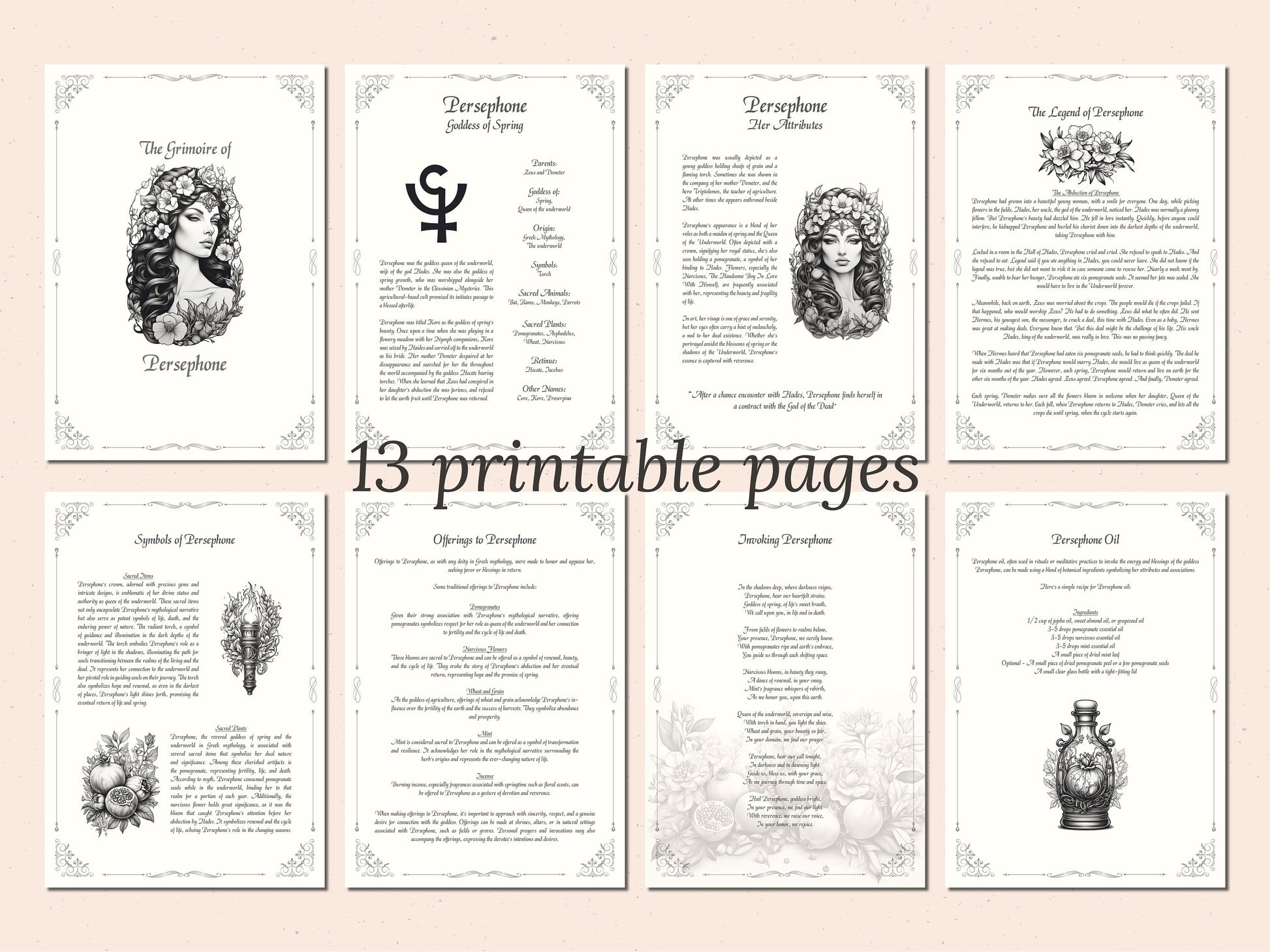 Persephone - Grimoire Pages, Goddess of Spring, Spring Spells, Book Of Shadows, Printable, Witch Journal, Greek Goddess, Queen of Underworld