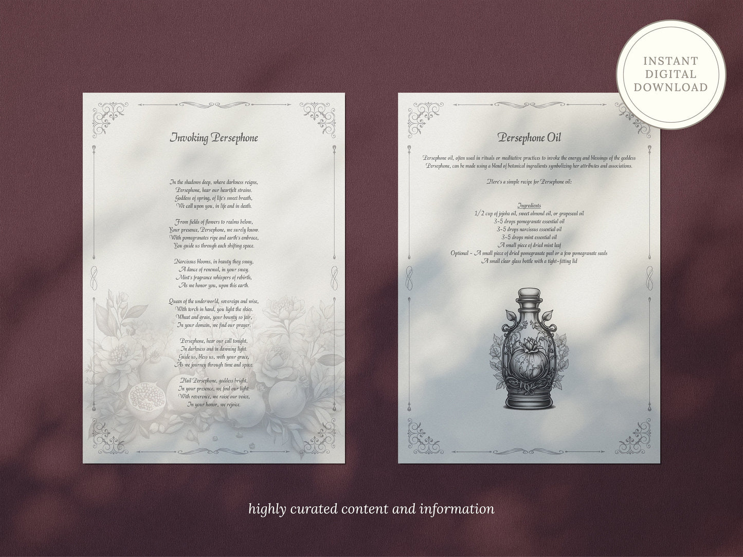 Persephone - Grimoire Pages, Goddess of Spring, Spring Spells, Book Of Shadows, Printable, Witch Journal, Greek Goddess, Queen of Underworld