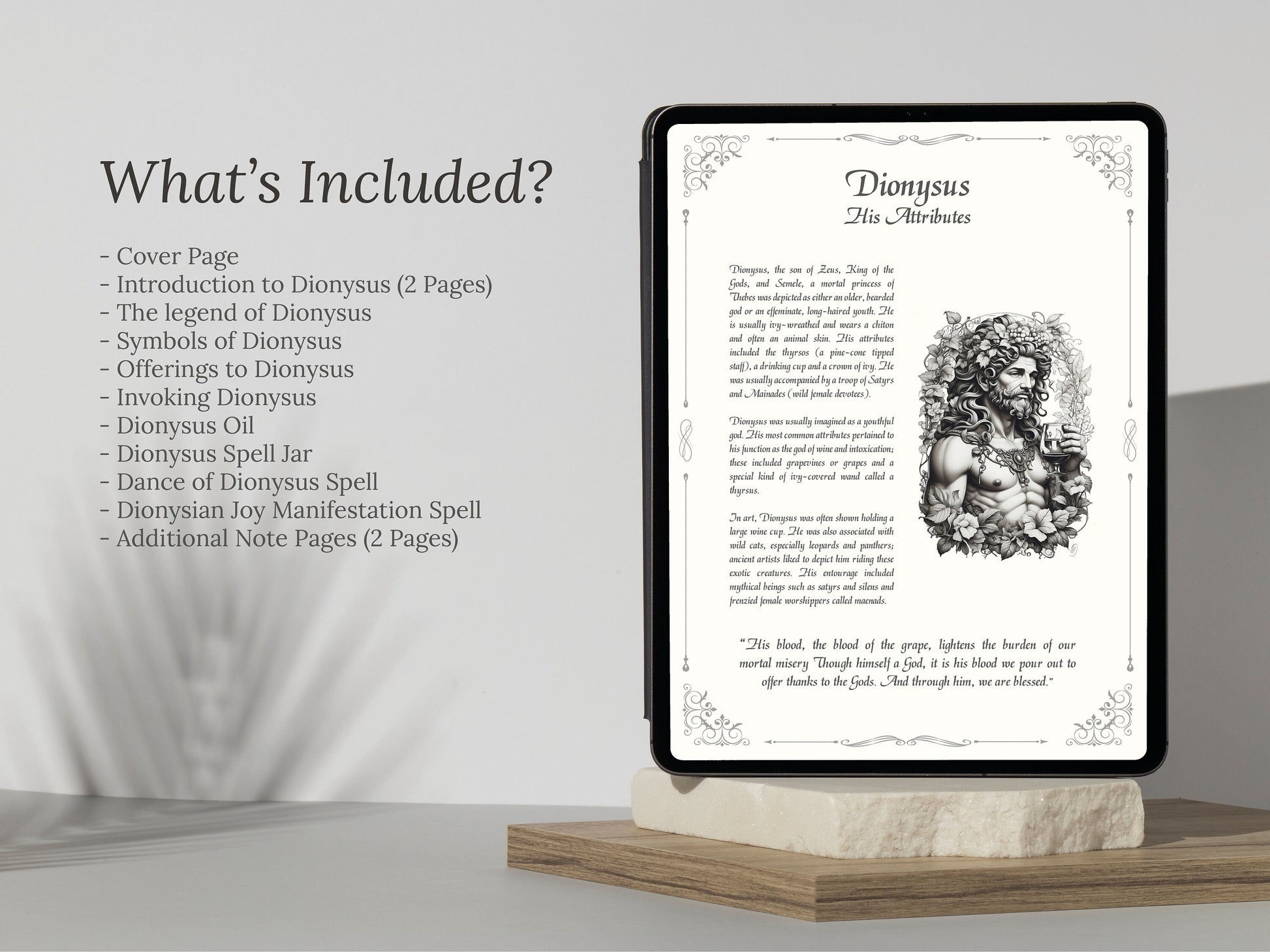 Dionysus - Grimoire Pages, God of Wine, Orchards and Fruit, Ecstasy, Printable, Witch Journal, Greek God, Olympian God, Book of Shadows