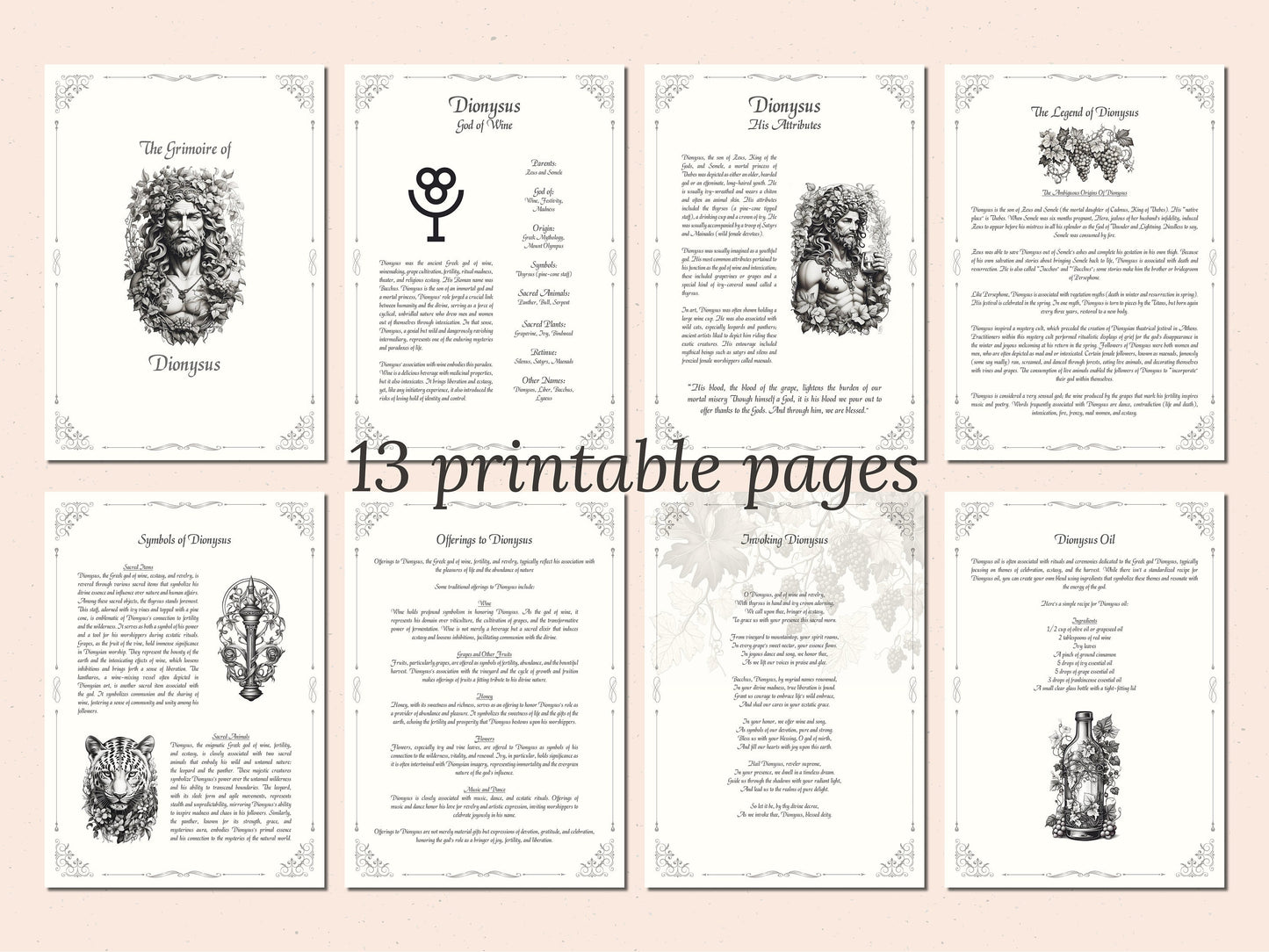 Dionysus - Grimoire Pages, God of Wine, Orchards and Fruit, Ecstasy, Printable, Witch Journal, Greek God, Olympian God, Book of Shadows
