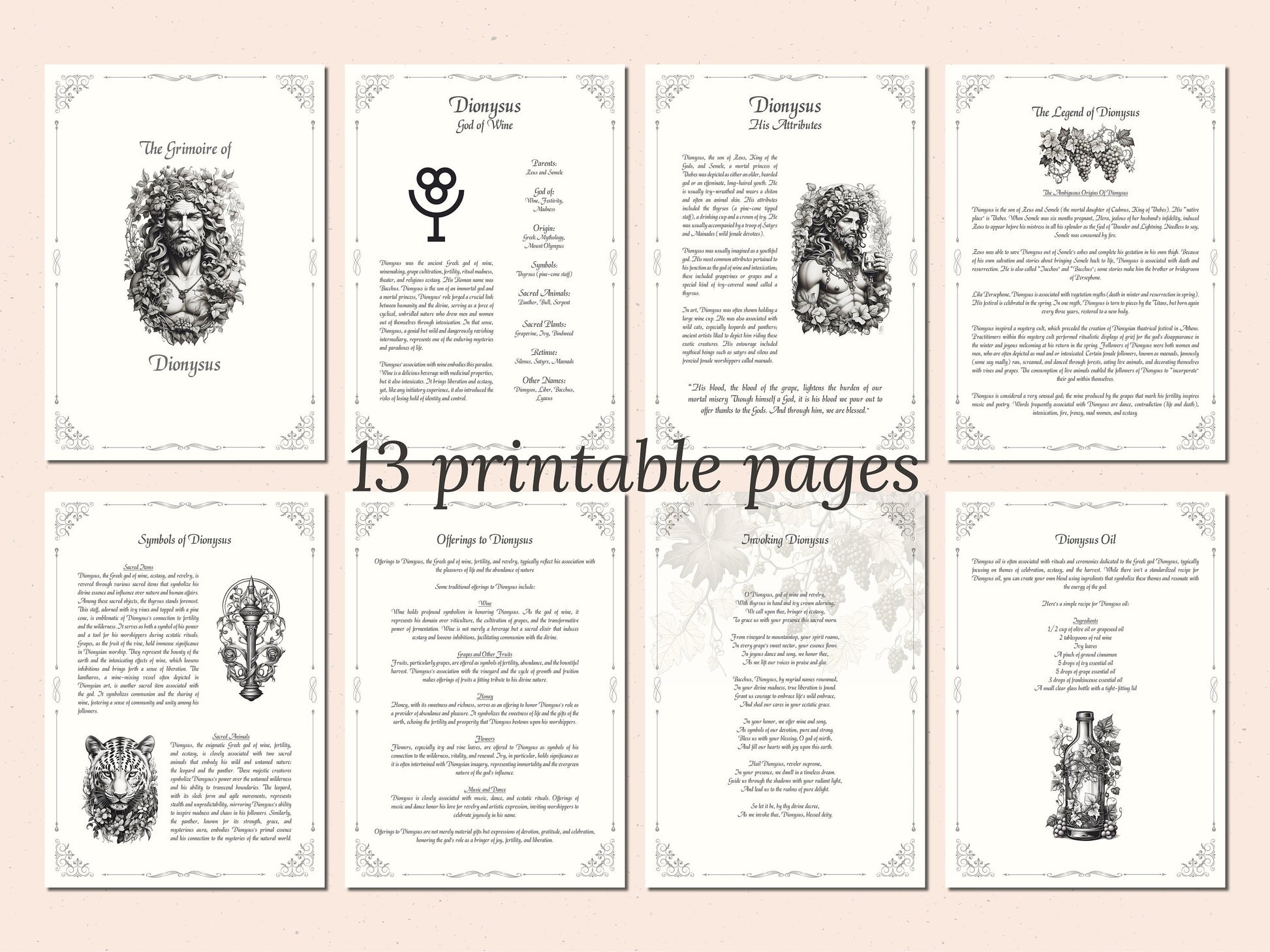 Dionysus - Grimoire Pages, God of Wine, Orchards and Fruit, Ecstasy, Printable, Witch Journal, Greek God, Olympian God, Book of Shadows