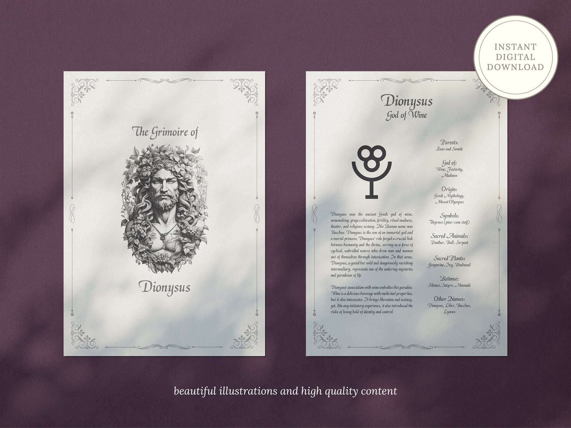 Dionysus - Grimoire Pages, God of Wine, Orchards and Fruit, Ecstasy, Printable, Witch Journal, Greek God, Olympian God, Book of Shadows