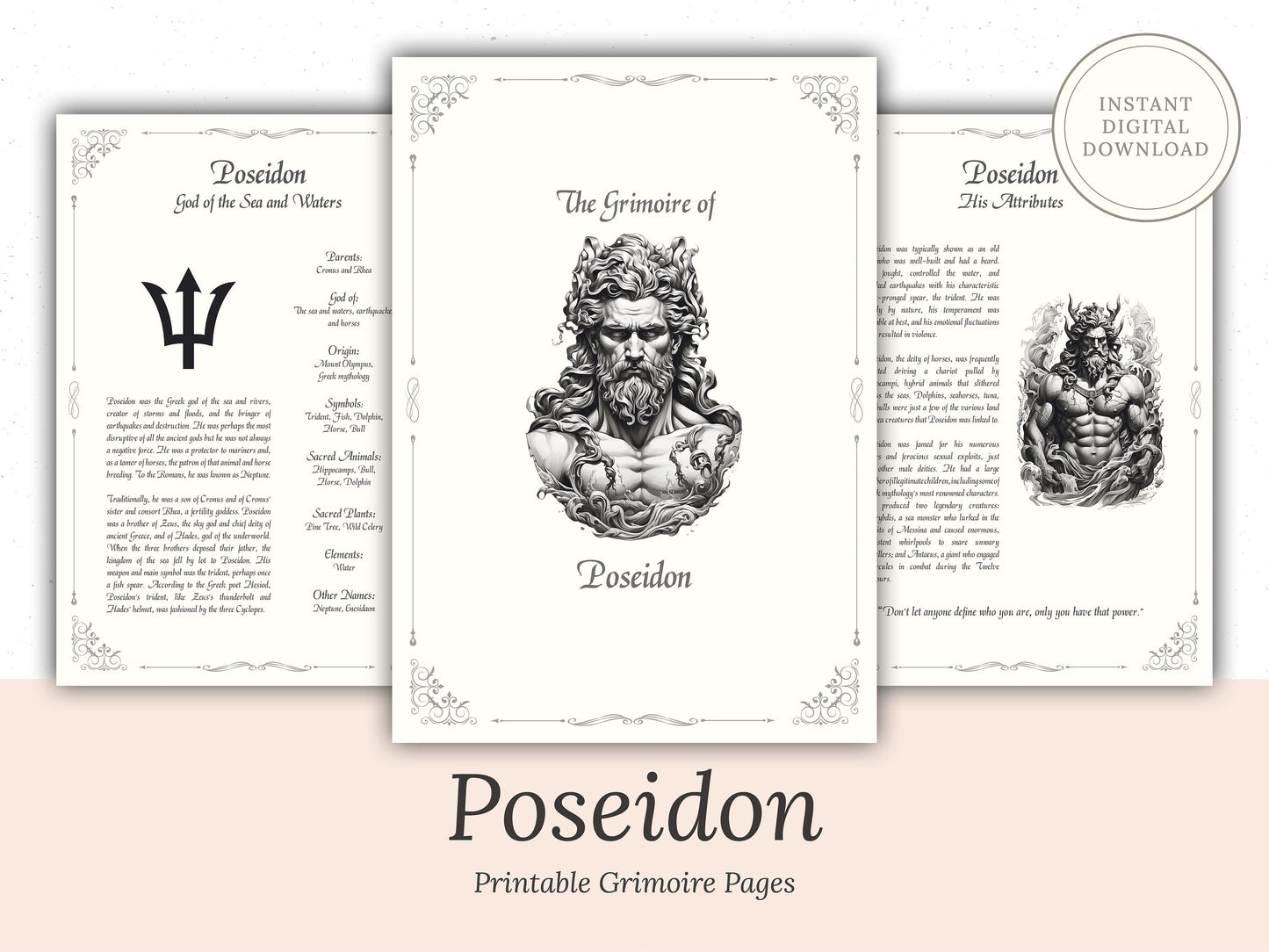 Poseidon - Grimoire Pages, Greek God, Olympian God, God of the Sea and Water, Book Of Shadows, Witch Journal, God Poseidon, Water Magic, BOS