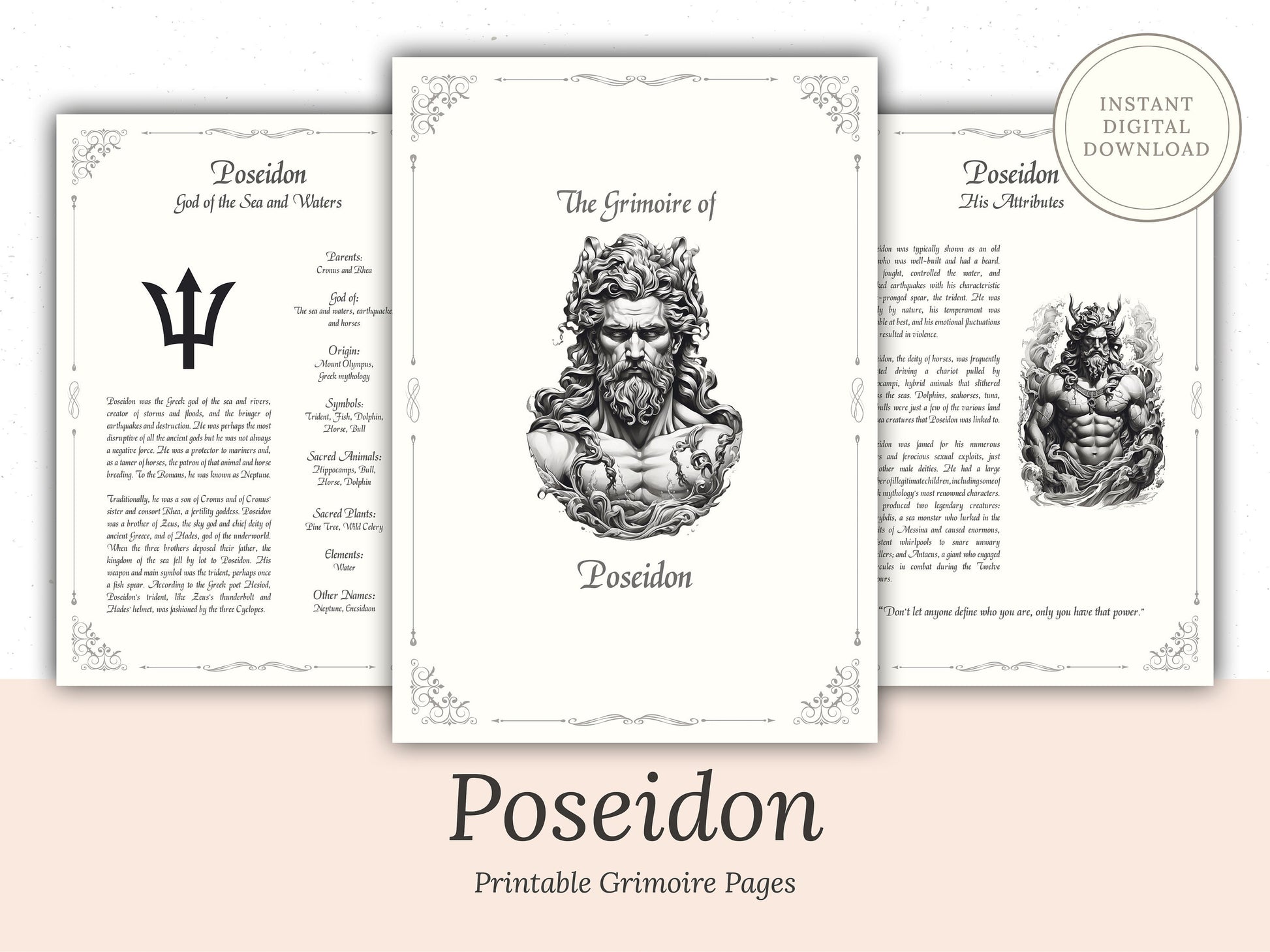 Poseidon - Grimoire Pages, Greek God, Olympian God, God of the Sea and Water, Book Of Shadows, Witch Journal, God Poseidon, Water Magic, BOS