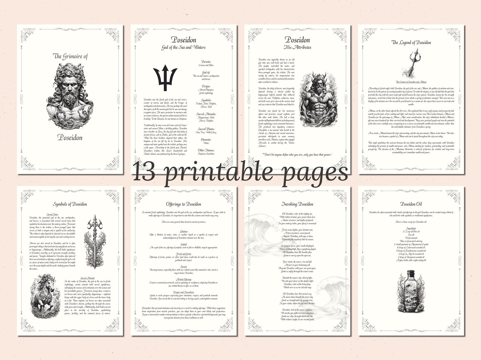 Poseidon - Grimoire Pages, Greek God, Olympian God, God of the Sea and Water, Book Of Shadows, Witch Journal, God Poseidon, Water Magic, BOS