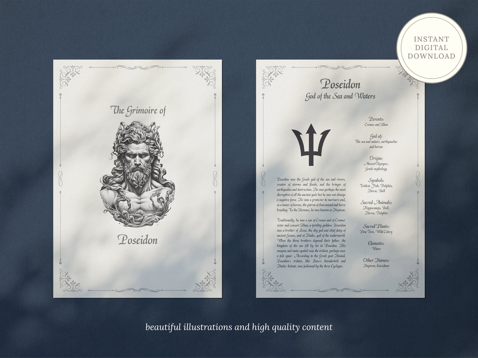 Poseidon - Grimoire Pages, Greek God, Olympian God, God of the Sea and Water, Book Of Shadows, Witch Journal, God Poseidon, Water Magic, BOS