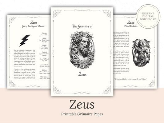 Zeus - Grimoire Pages, Greek God, Olympian God, God of Sky and Thunder, Book Of Shadows, Witch Journal, King of God, God of Fate, Deity, BOS