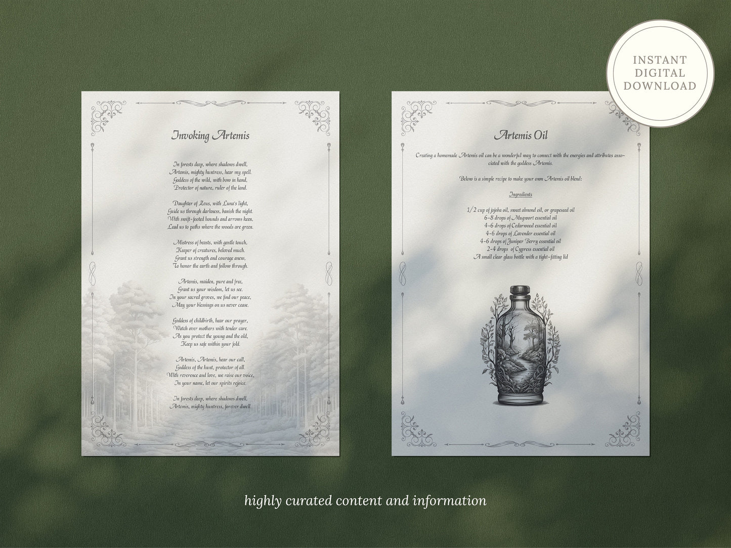 Artemis - Grimoire Pages, Goddess of the Hunt, Protection Spell, Book Of Shadows, Printable, Digital Witch Journal, Greek Goddess, Altar