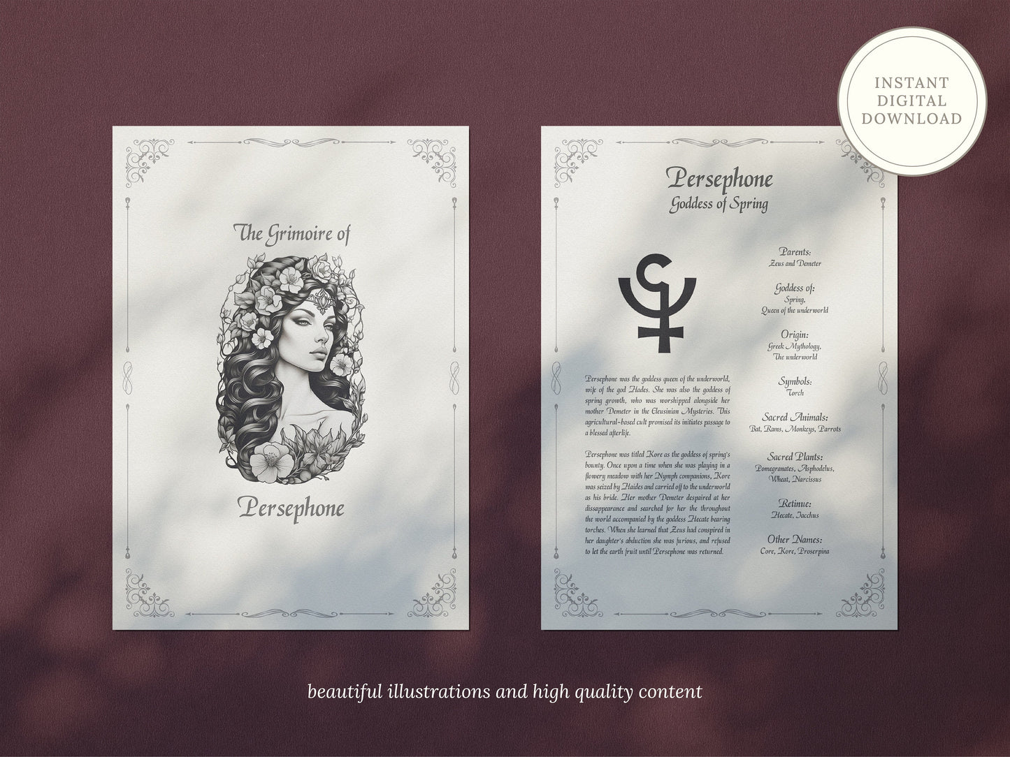Persephone - Grimoire Pages, Goddess of Spring, Spring Spells, Book Of Shadows, Printable, Witch Journal, Greek Goddess, Queen of Underworld