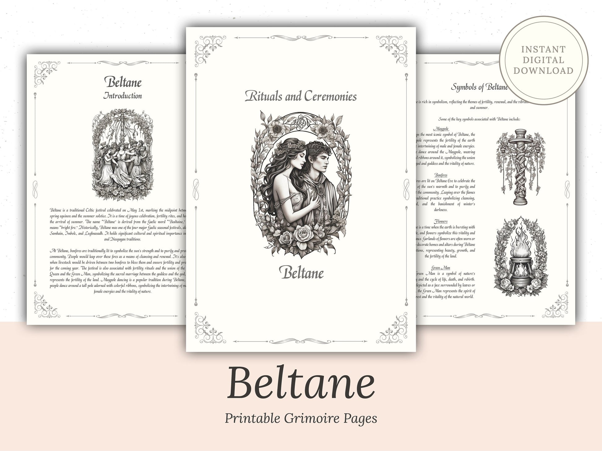 Beltane - Rituals and Ceremonies, Printable Grimoire Pages, Book of Shadows, May Day, Pagan Tradition, Witch Festival, Wheel of the Year