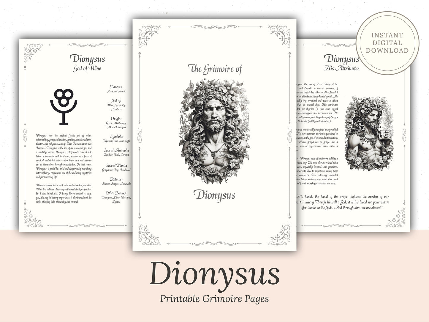 Dionysus - Grimoire Pages, God of Wine, Orchards and Fruit, Ecstasy, Printable, Witch Journal, Greek God, Olympian God, Book of Shadows
