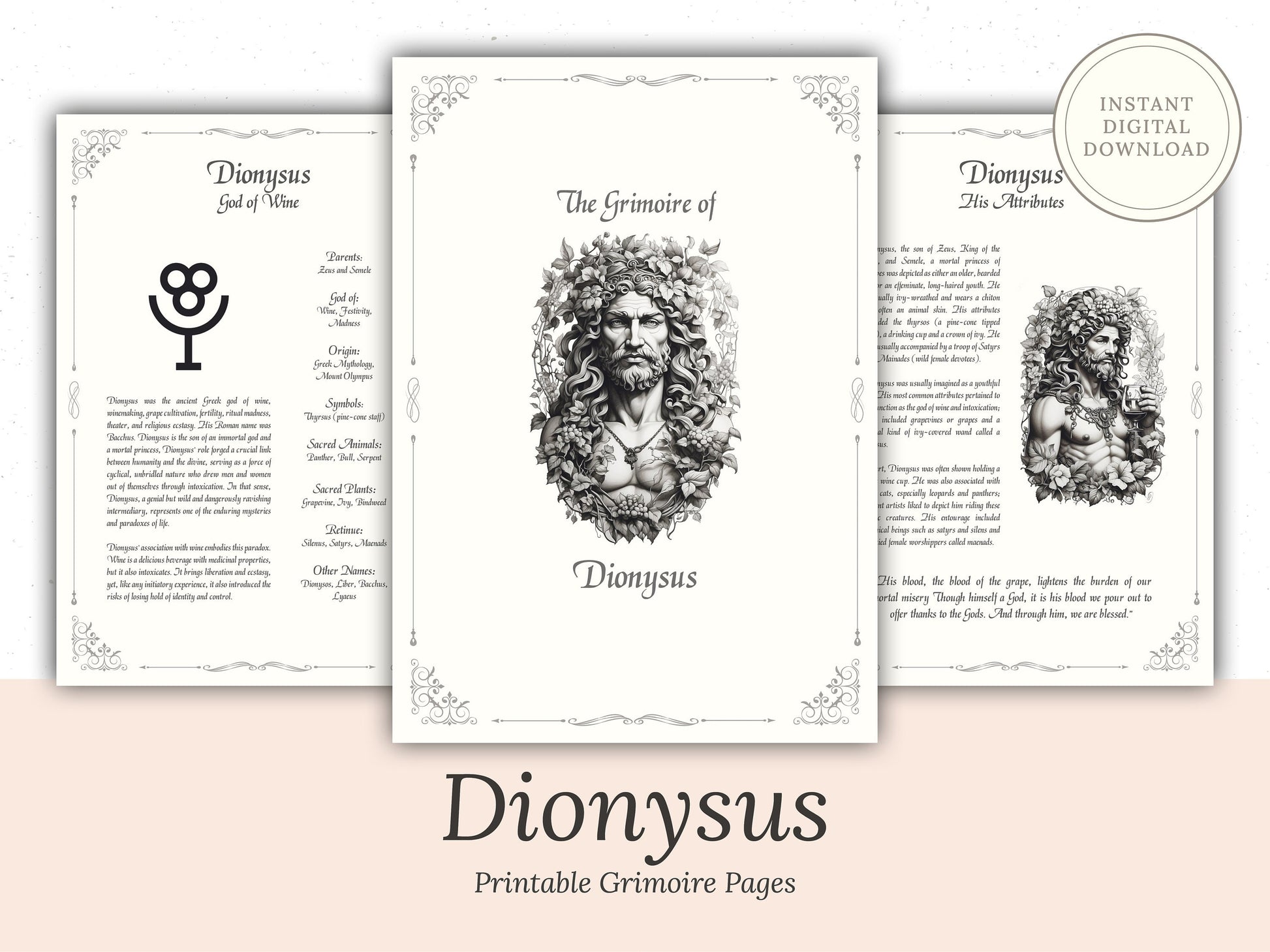 Dionysus - Grimoire Pages, God of Wine, Orchards and Fruit, Ecstasy, Printable, Witch Journal, Greek God, Olympian God, Book of Shadows