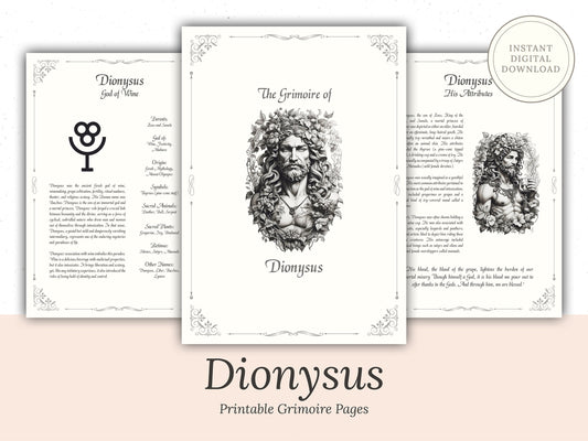 Dionysus - Grimoire Pages, God of Wine, Orchards and Fruit, Ecstasy, Printable, Witch Journal, Greek God, Olympian God, Book of Shadows