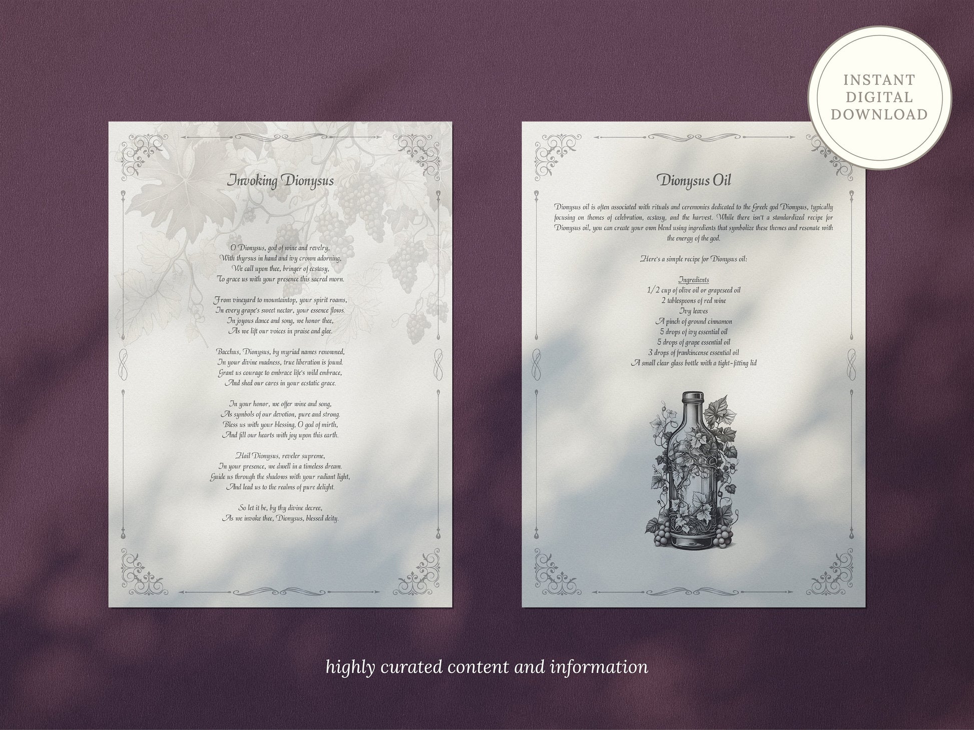 Dionysus - Grimoire Pages, God of Wine, Orchards and Fruit, Ecstasy, Printable, Witch Journal, Greek God, Olympian God, Book of Shadows