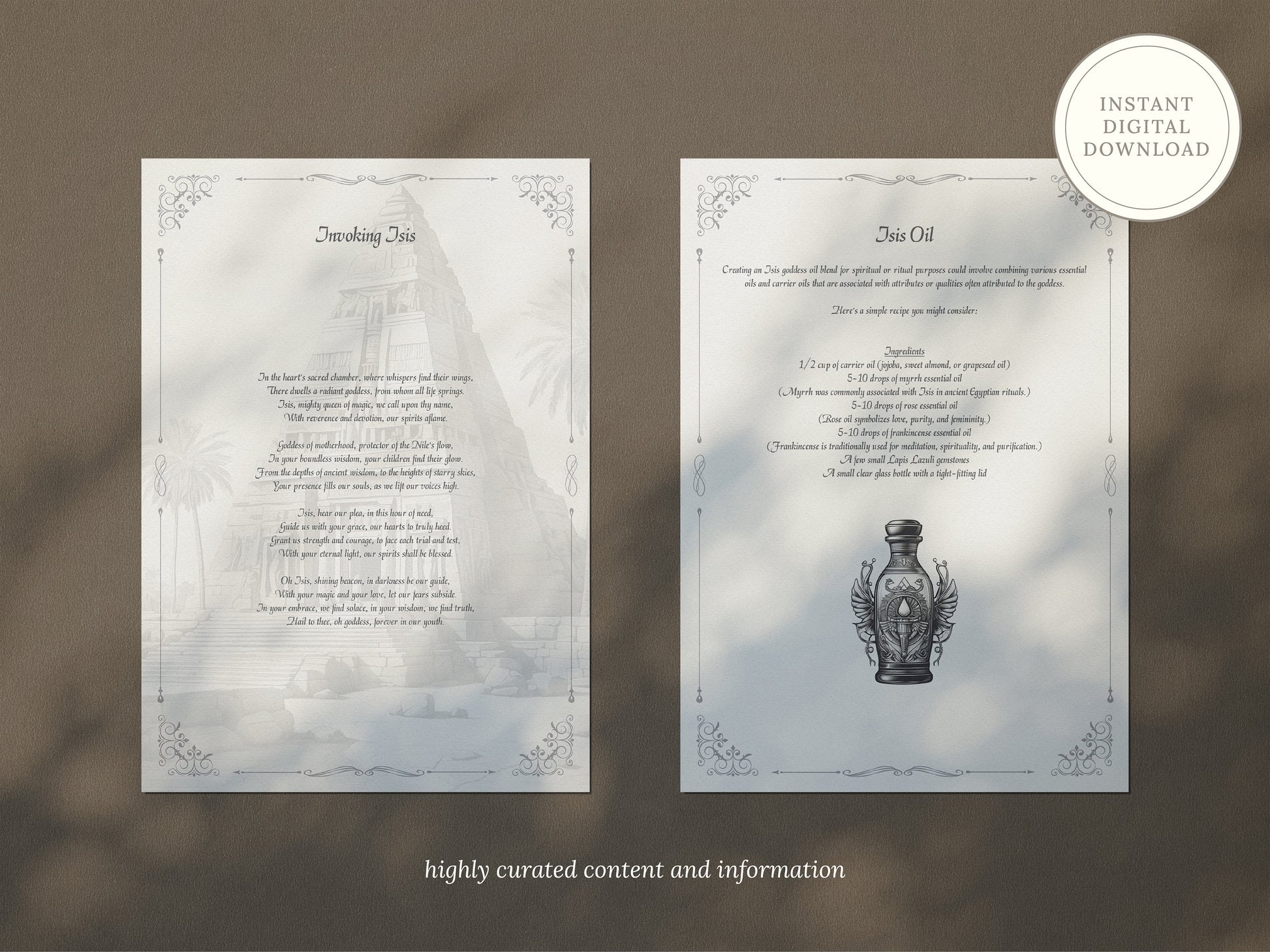 Isis - Grimoire Pages, Aset Goddess of Healing, Love, Magic, Moon, Fertility, Printable, Witch Journal, Egyptian Goddess, Book of Shadows