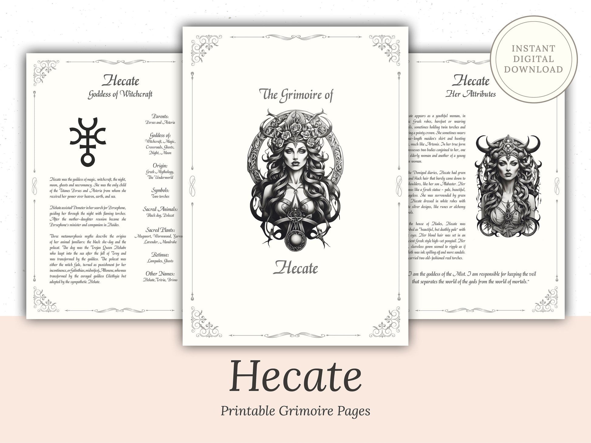 Hecate - Grimoire Pages, Goddess of Witchcraft, Crossroads, Ghost, Moon, Magic, Printable, Witch Journal, Dark Goddess, Book of Shadows