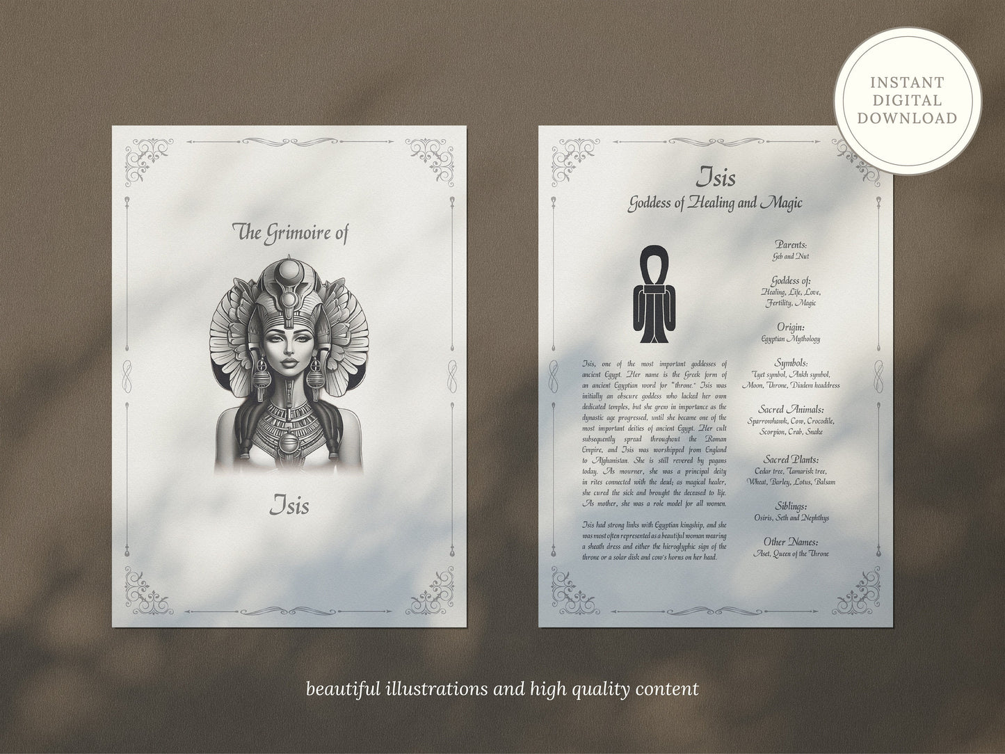 Isis - Grimoire Pages, Aset Goddess of Healing, Love, Magic, Moon, Fertility, Printable, Witch Journal, Egyptian Goddess, Book of Shadows